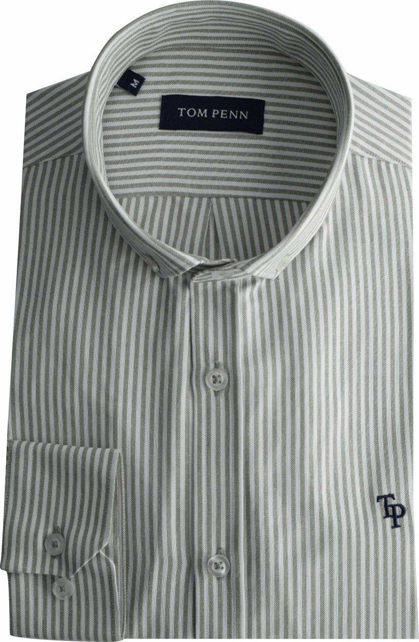 Green striped shirt with 'Tom Penn' branding on a white background