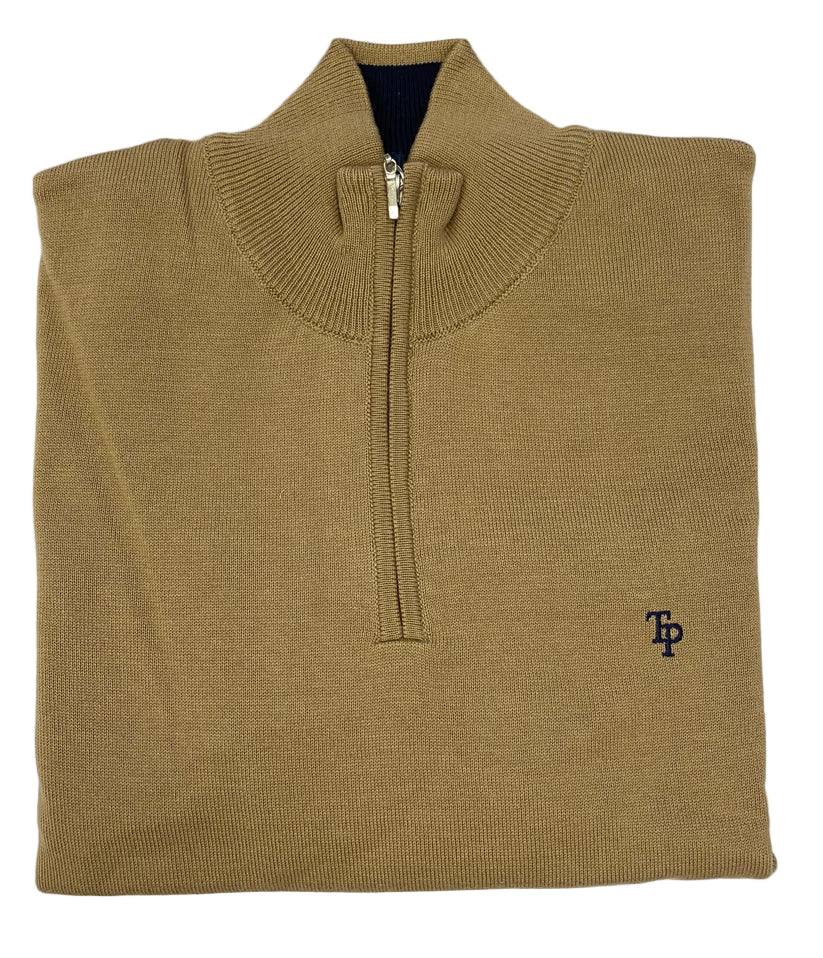 Tom Penn 1/4 Zip biscuit colour knit on a white background