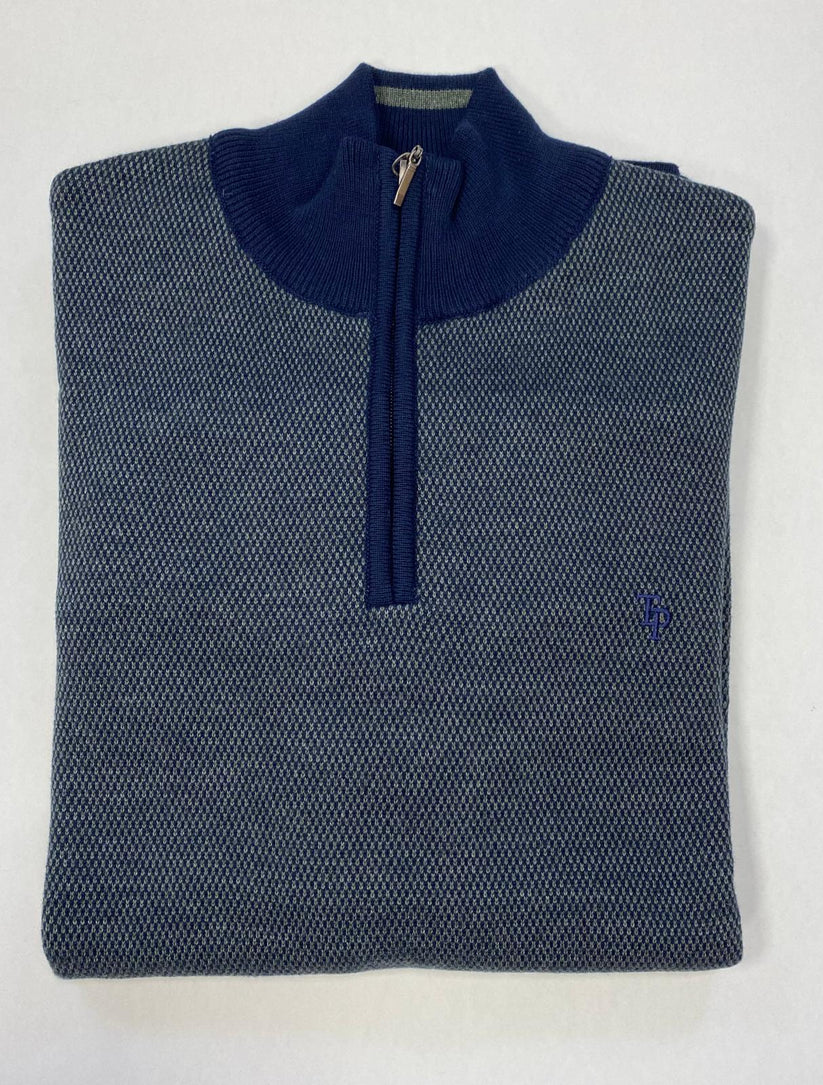 Knitted Navy/Olive 1/4 Zip Jumper on a white background with contrasting TP logo on the left breast