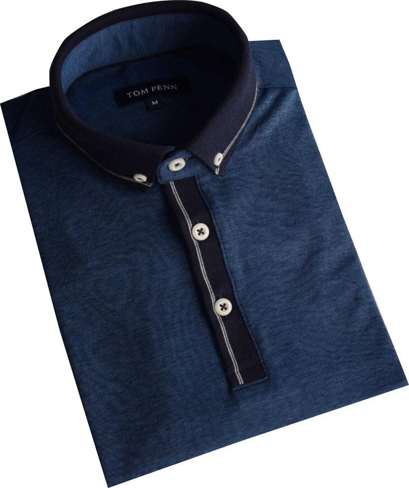Blue polo shirt with black collar and buttons on a white background