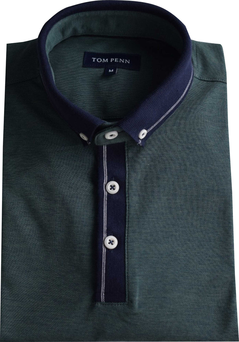 Tom Penn green polo shirt with navy collar and buttons on a white background