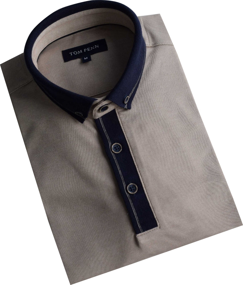 Tom Penn beige melange polo shirt with navy collar and buttons on a white background, angled view