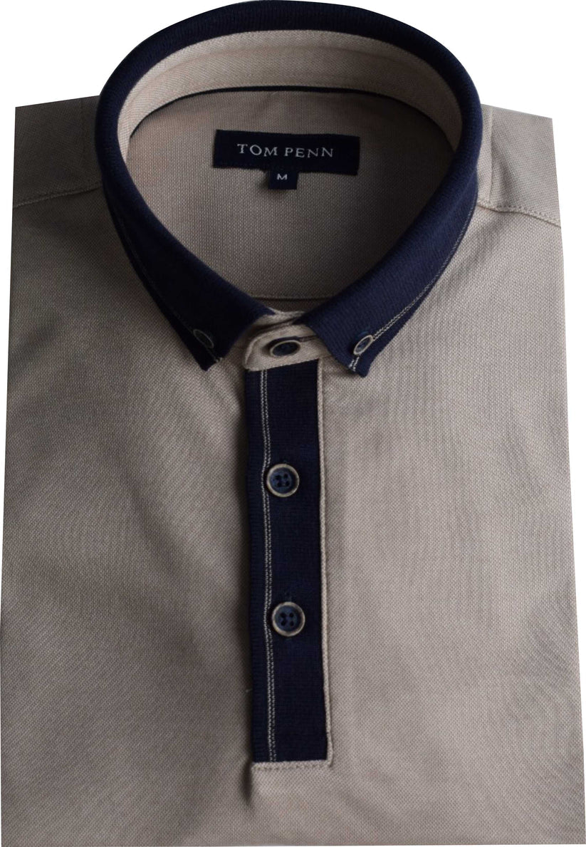 Tom Penn beige melange polo shirt with navy collar and buttons on a white background