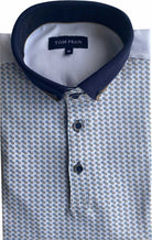 Folded Tom Penn men’s white micro-print polo shirt with contrast navy collar