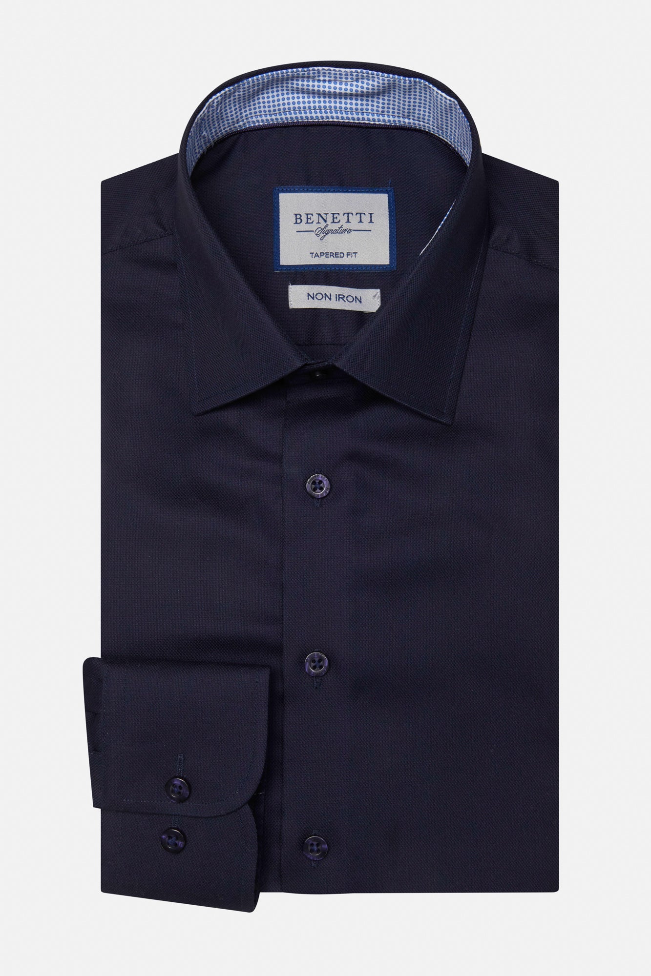Navy blue dress shirt with a checkered inside collar on a white background