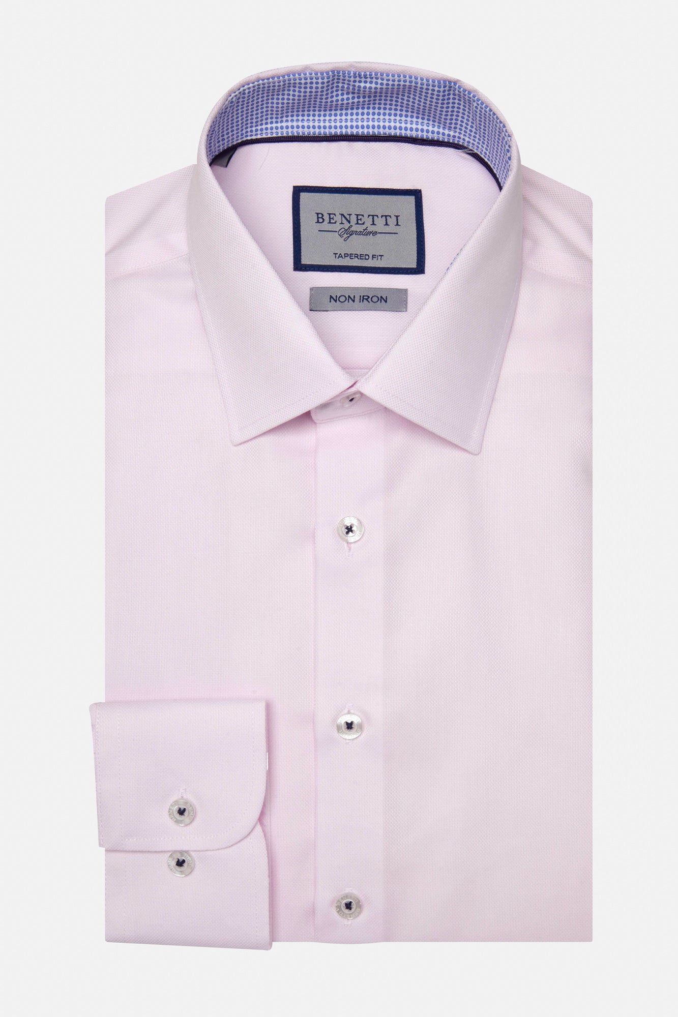 Folded pink dress shirt with a blue and white checkered interior on a white background
