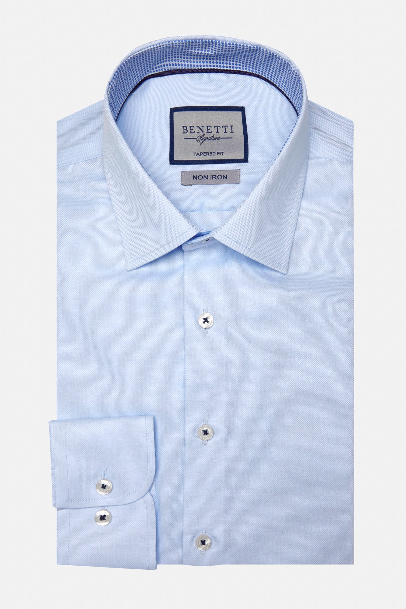 Light blue dress shirt with collar and cuff details on a white background