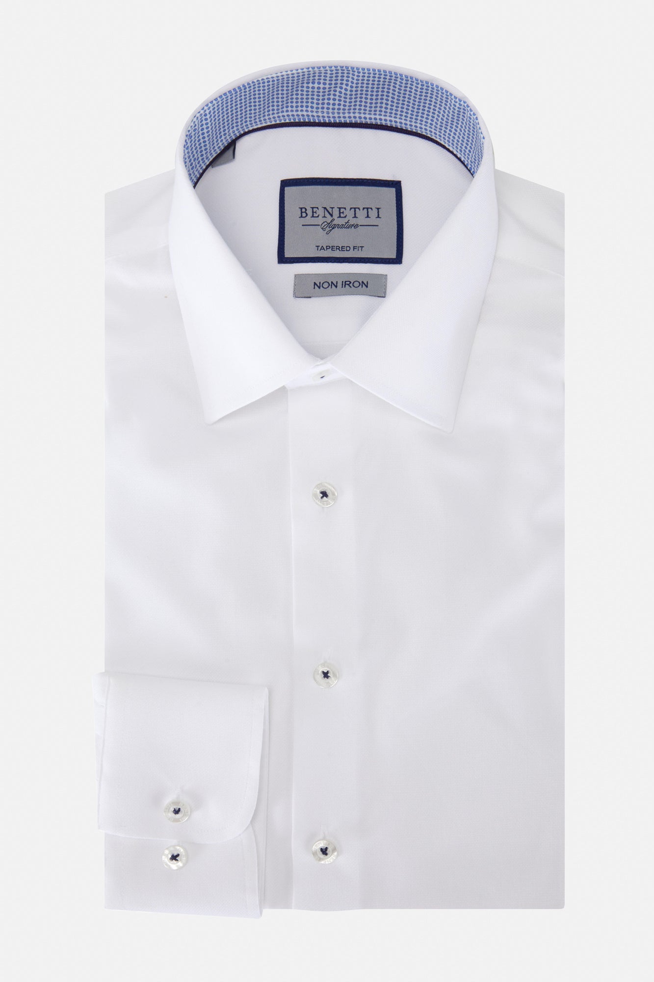 White dress shirt with blue collar and Benetti label on a white background