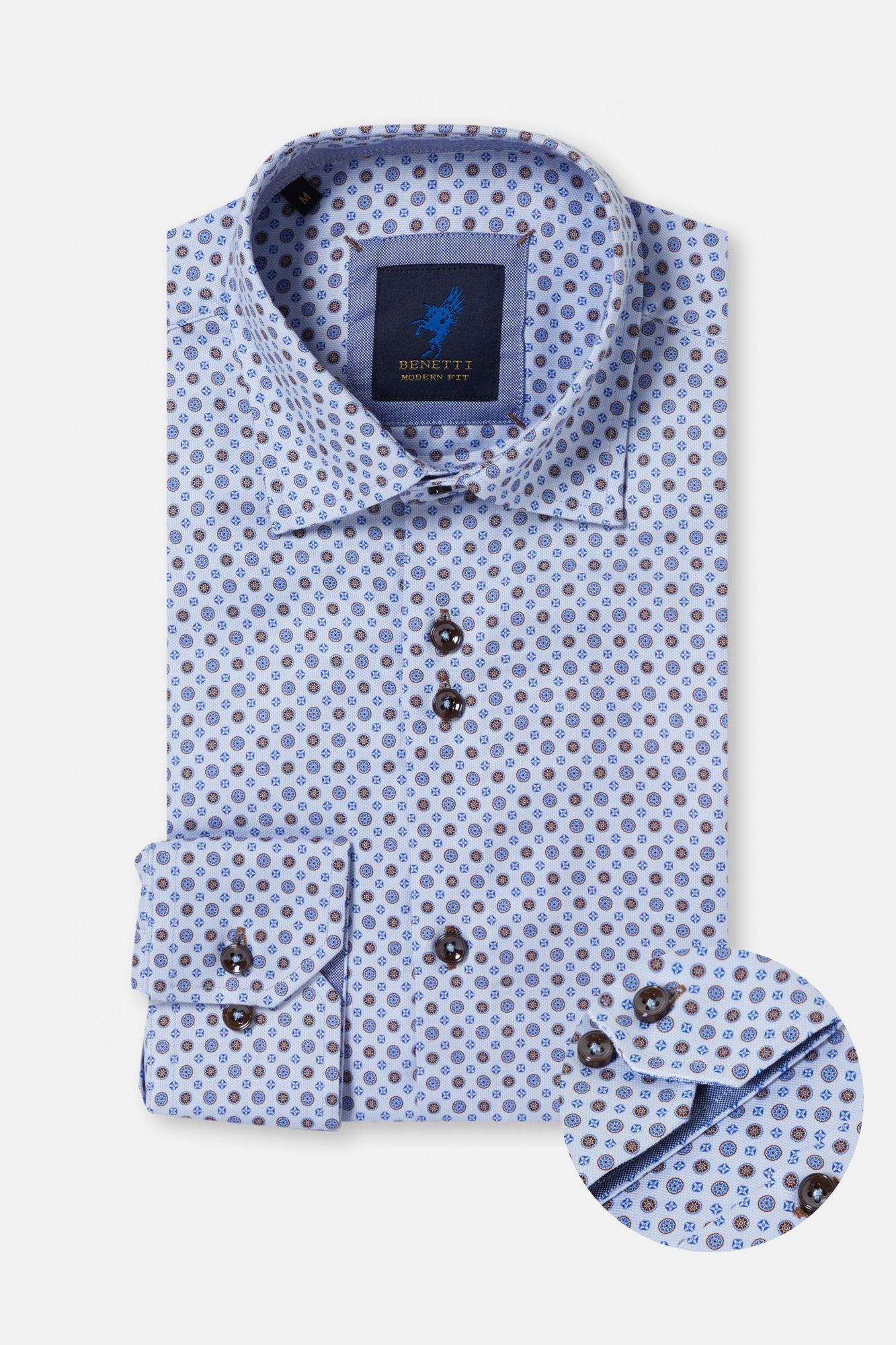 White and brown shirt with all over geometric pattern on a white background