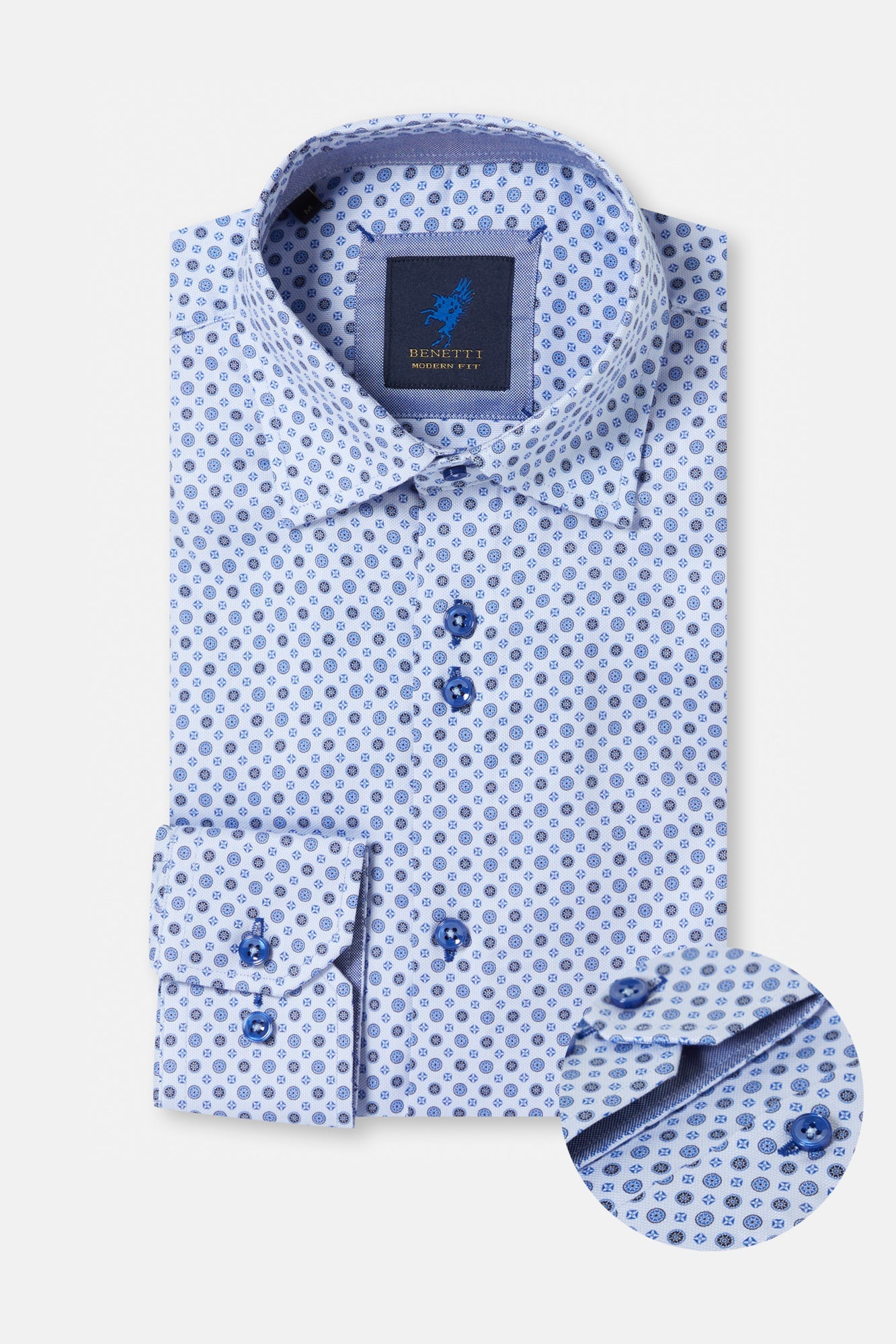 White and sage green shirt with all over geometric pattern on a white background