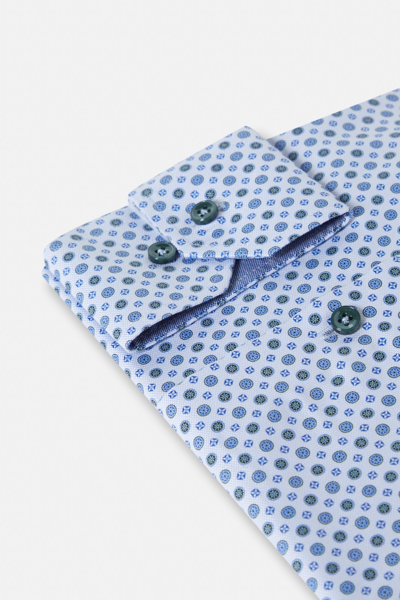 White and sage green shirt with all over geometric pattern cuff detail