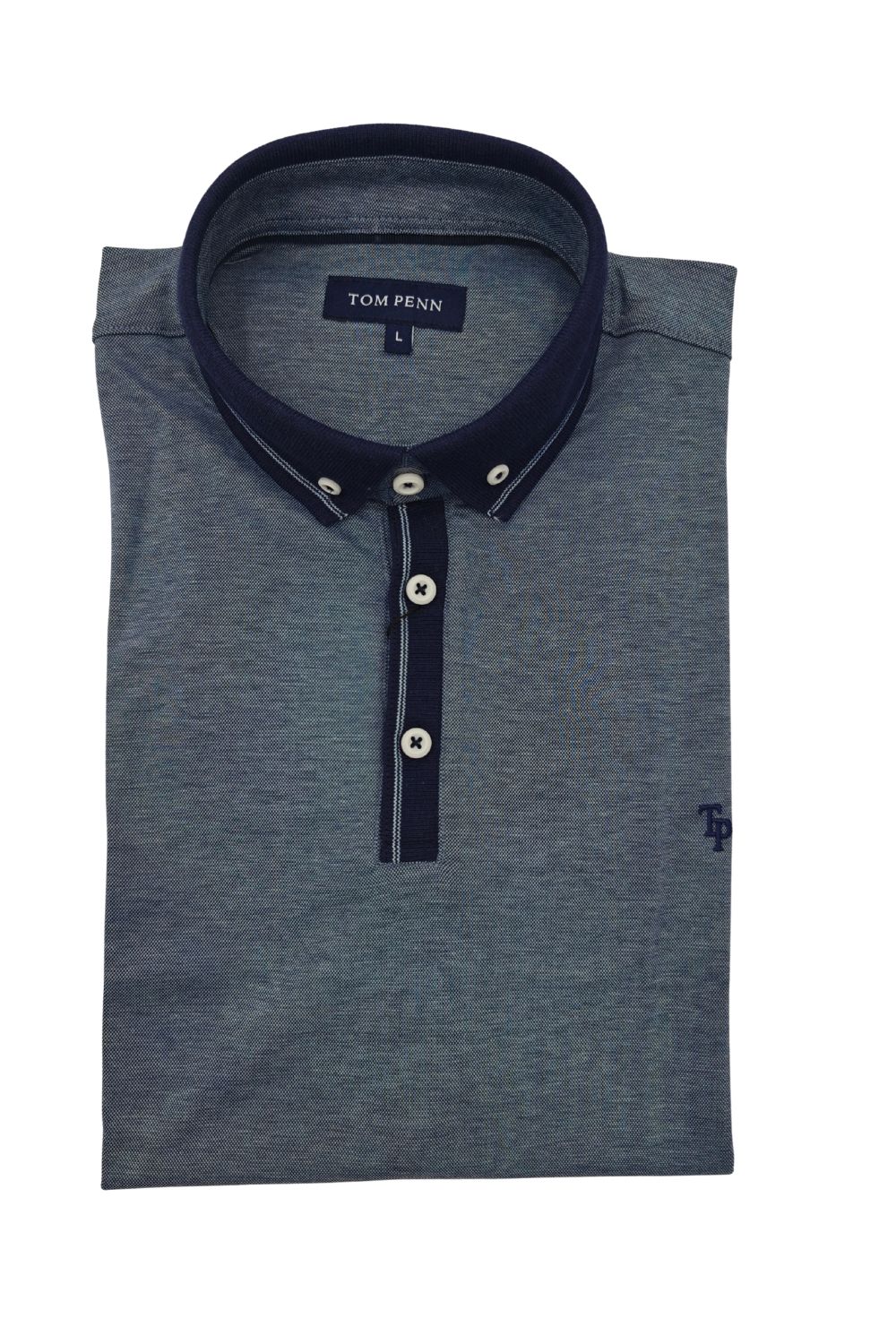 Folded front view of Tom Penn men’s denim blue melange polo shirt with navy button-down collar