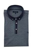 Folded front view of Tom Penn men’s denim blue melange polo shirt with navy button-down collar