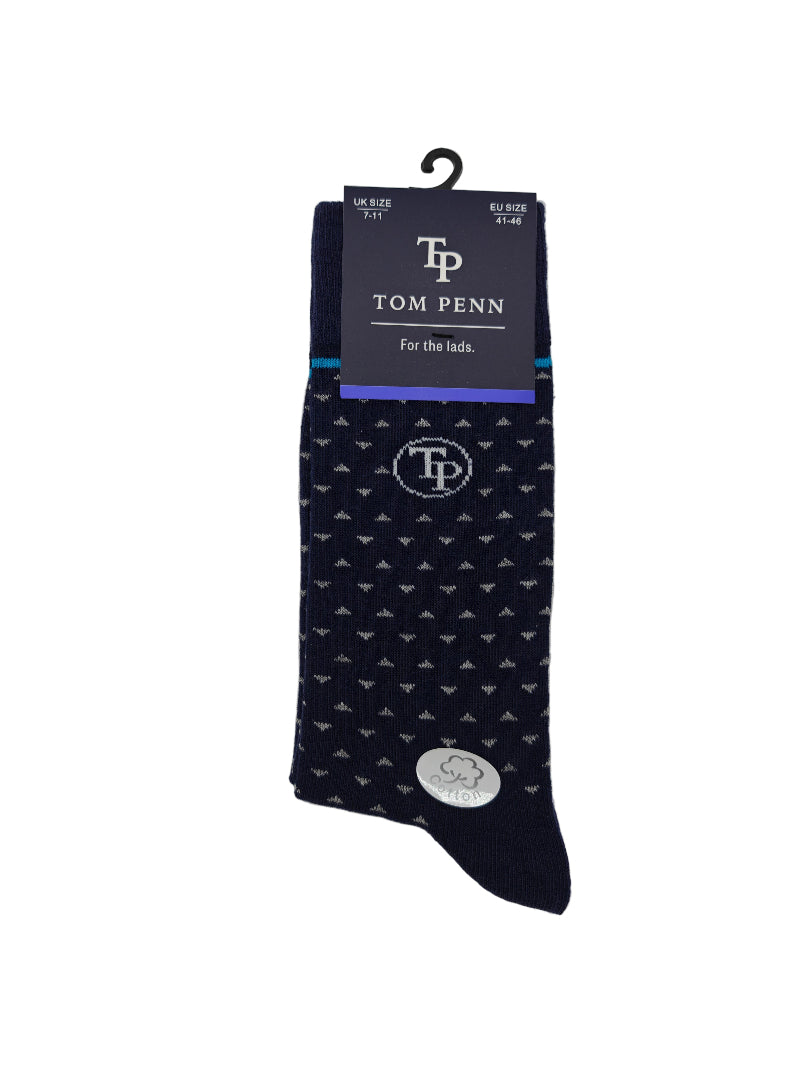 Navy sock with grey pattern and 'Tom Penn' branding on a white background