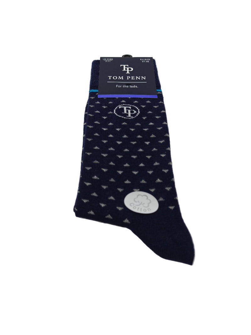 Navy blue sock with grey pattern and 'Tom Penn' branding on a light gray background