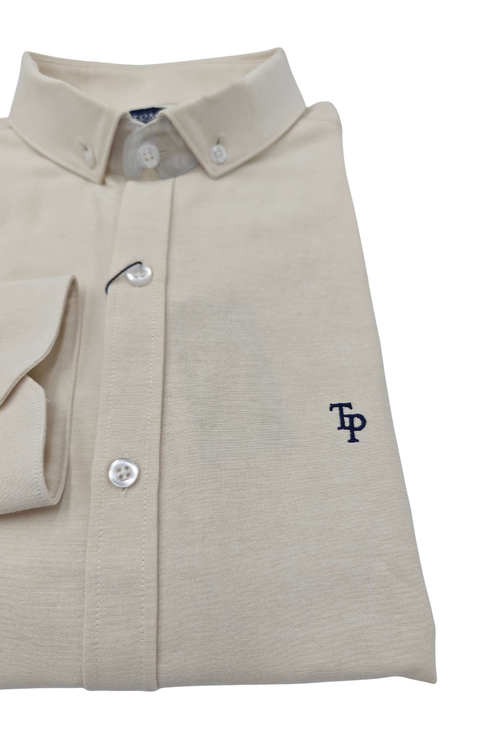 Beige button-up Tom Penn shirt with a TP logo on a white background