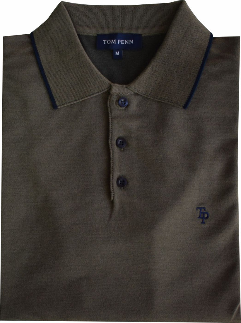 Khaki green polo shirt with blue buttons and collar trim, featuring Tom Penn branding.