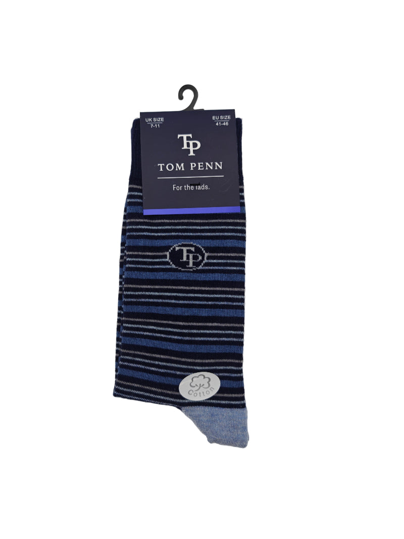 Pair of striped socks with a 'Tom Penn' label on a gray background