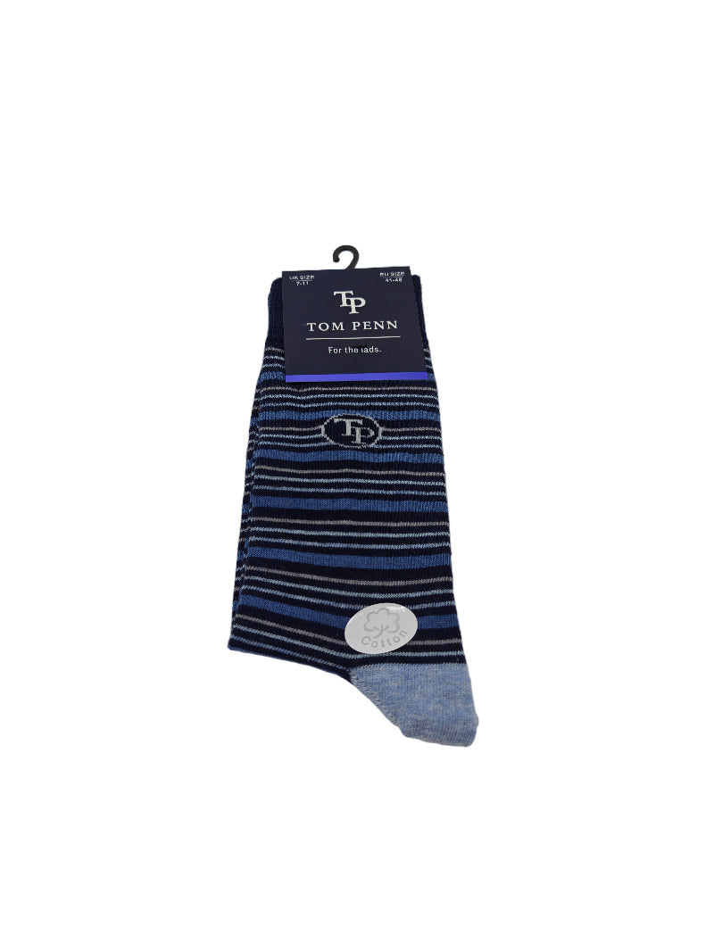 Blue and gray striped sock with 'Tom Penn' branding on a white background