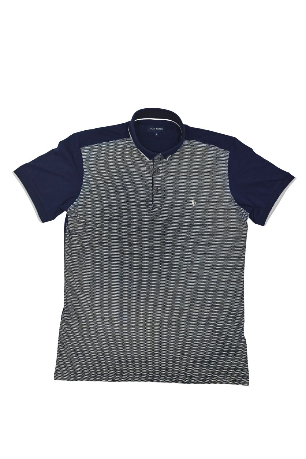 Full front view of Tom Penn men’s navy micro-dot polo shirt with solid navy sleeves