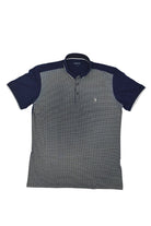 Full front view of Tom Penn men’s navy micro-dot polo shirt with solid navy sleeves