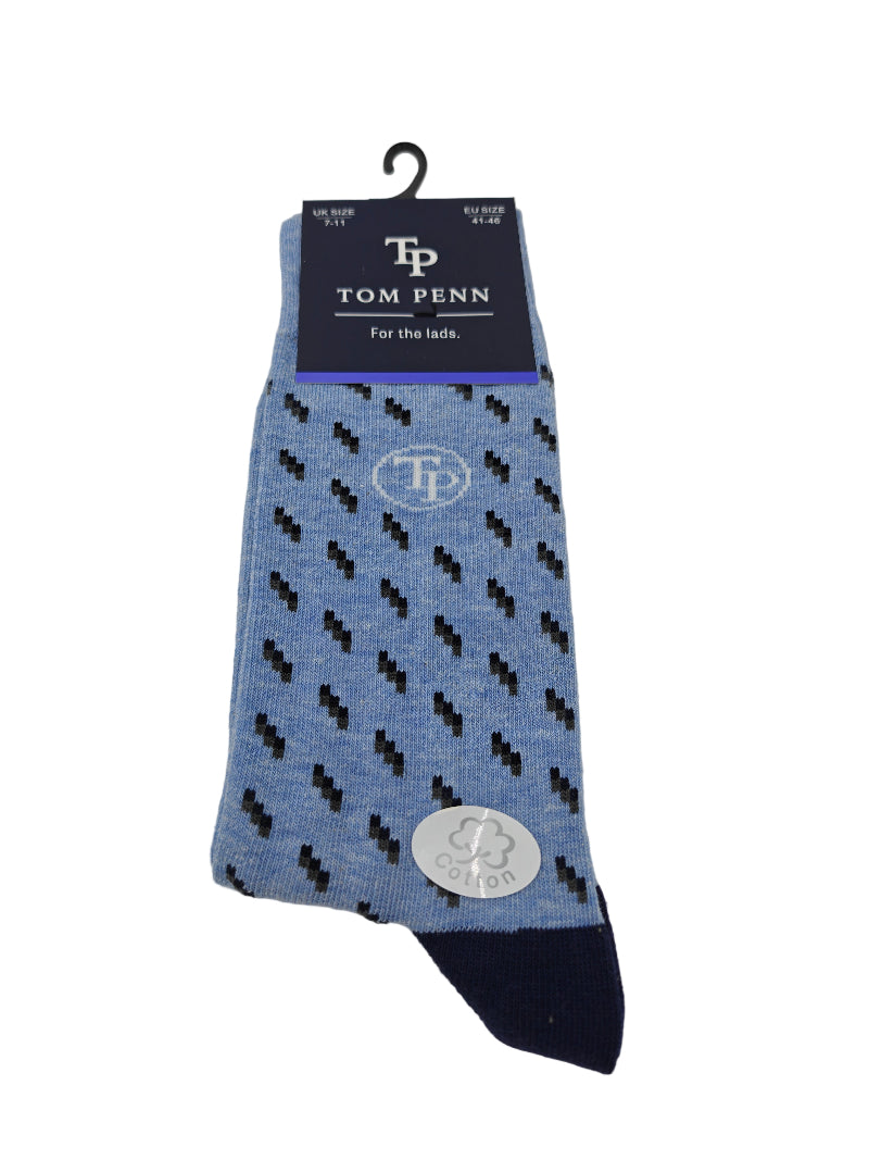 Blue patterned sock with a visible TP brand label on a gray background