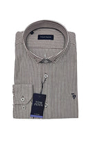 Full folded front view of Tom Penn men’s burgundy and white striped shirt with embroidered chest logo
