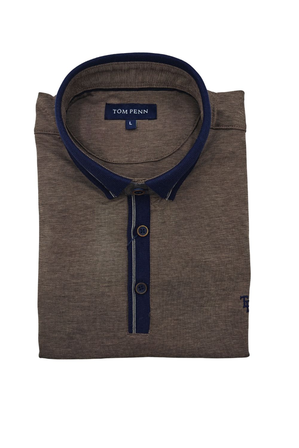 Folded front view of Tom Penn men’s tan melange polo shirt with navy button-down collar