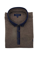 Folded front view of Tom Penn men’s tan melange polo shirt with navy button-down collar