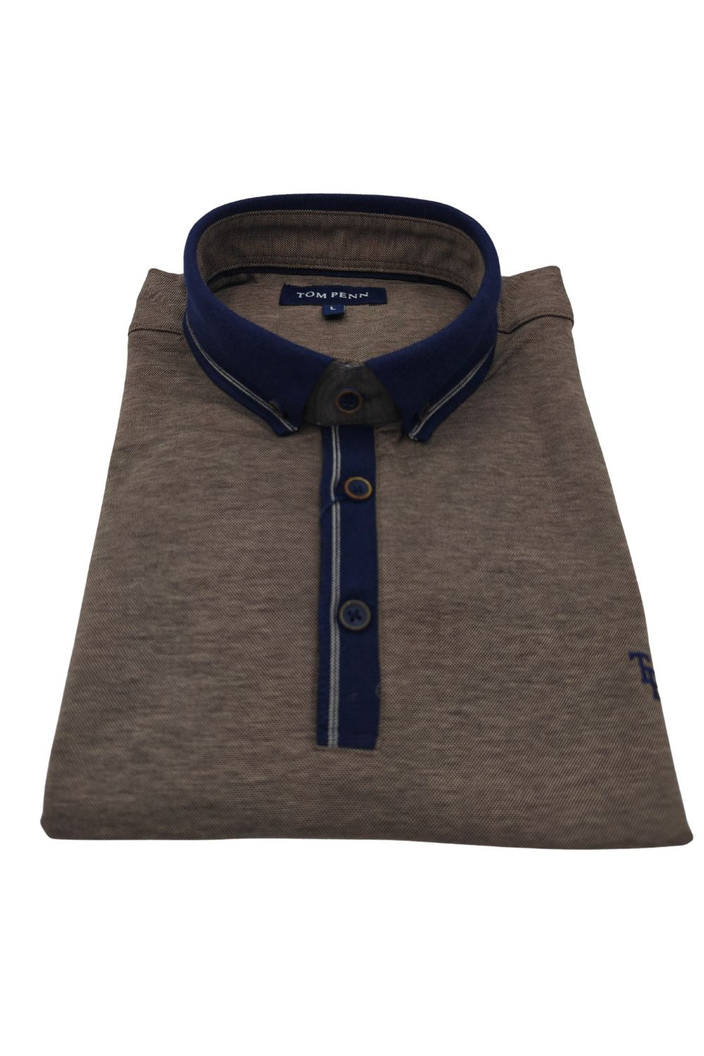 Folded back view of Tom Penn men’s tan melange polo shirt with navy contrast collar