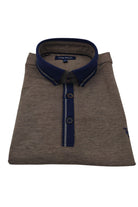 Folded back view of Tom Penn men’s tan melange polo shirt with navy contrast collar