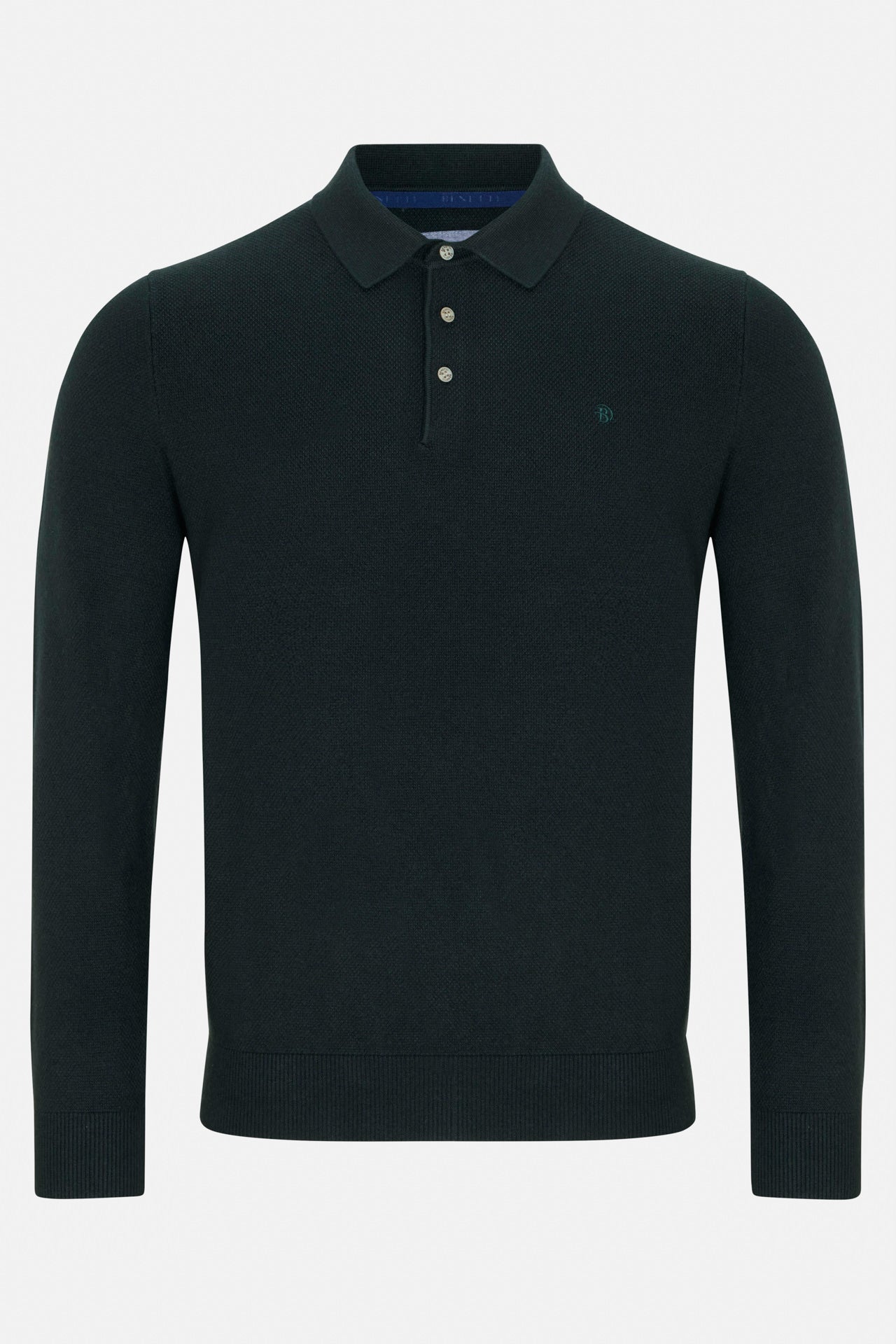 Benetti Trevor Forest knit polo, front view, with long sleeves, button placket and ribbed hem and cuffs.