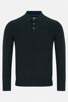 Benetti Trevor Forest knit polo, front view, with long sleeves, button placket and ribbed hem and cuffs.
