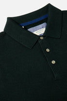 Close-up of a Benetti Trevor Forest knit polo with collared neckline and three-button placket.