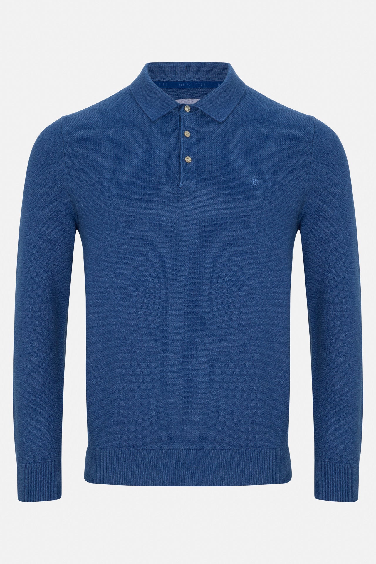 Benetti Trevor Indigo Polo, front view, long-sleeve knit polo with three-button placket and ribbed cuffs and hem.