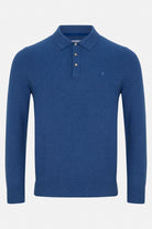Benetti Trevor Indigo Polo, front view, long-sleeve knit polo with three-button placket and ribbed cuffs and hem.
