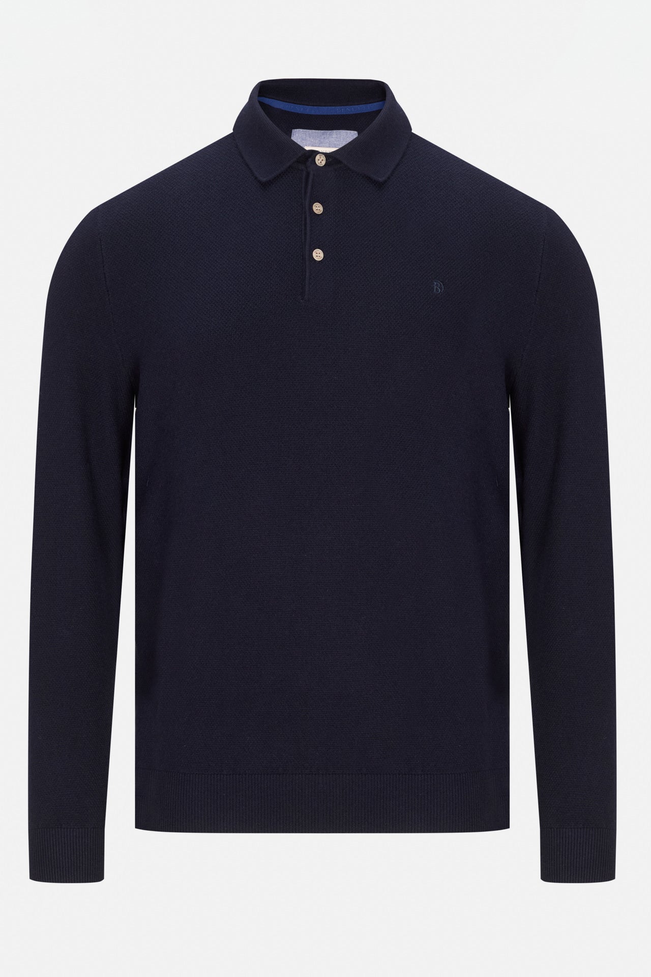 Benetti Trevor Navy Polo in navy knit with long sleeves, collared neckline, and three-button placket, front view.