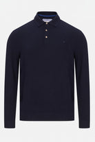 Benetti Trevor Navy Polo in navy knit with long sleeves, collared neckline, and three-button placket, front view.