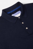 Benetti Trevor Navy Polo, close-up of the collar and button placket on a navy knit polo.