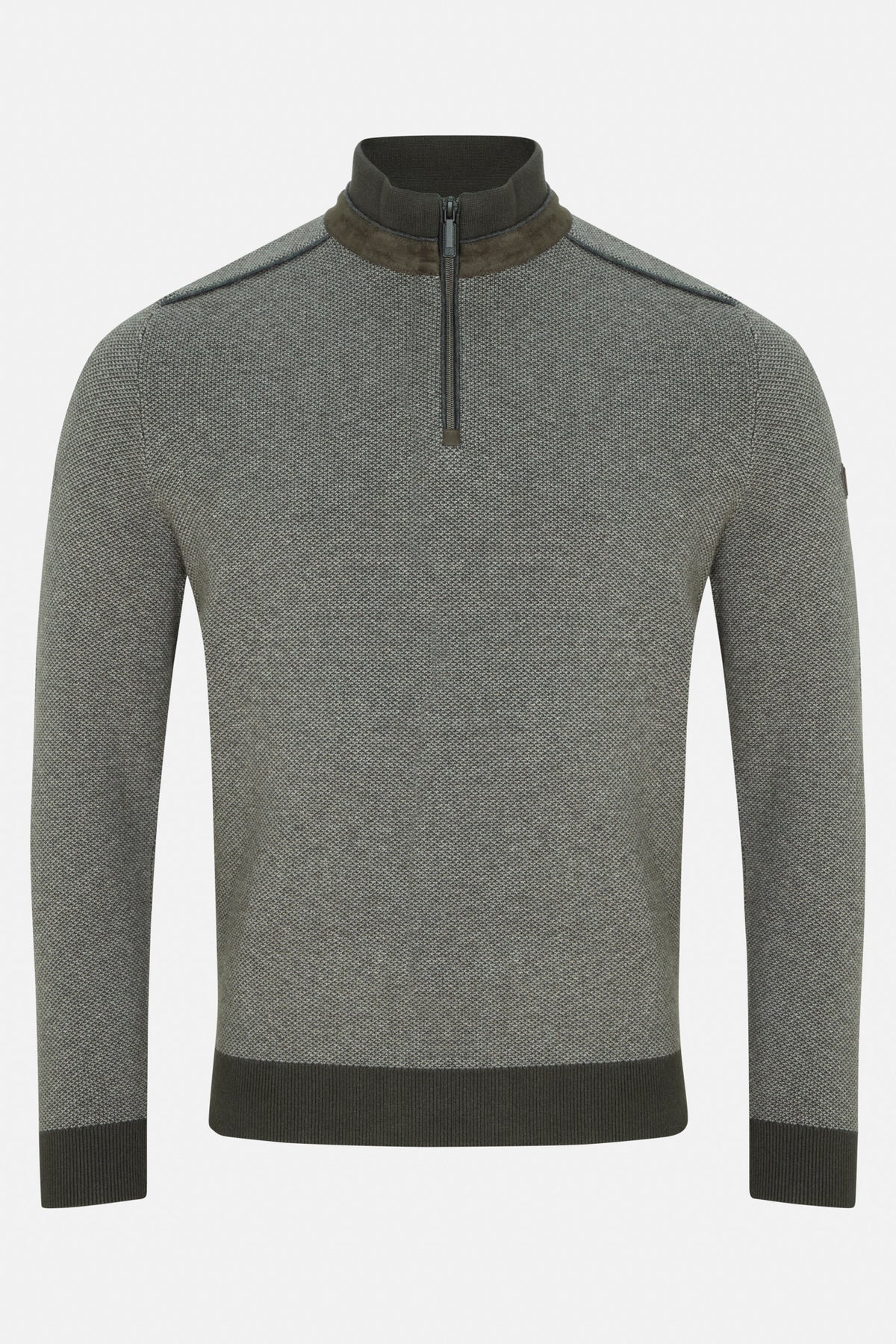 Benetti Troy Forest 1/4 zip knit sweater, front view, with long sleeves and ribbed cuffs and hem.