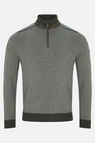 Benetti Troy Forest 1/4 zip knit sweater, front view, with long sleeves and ribbed cuffs and hem.