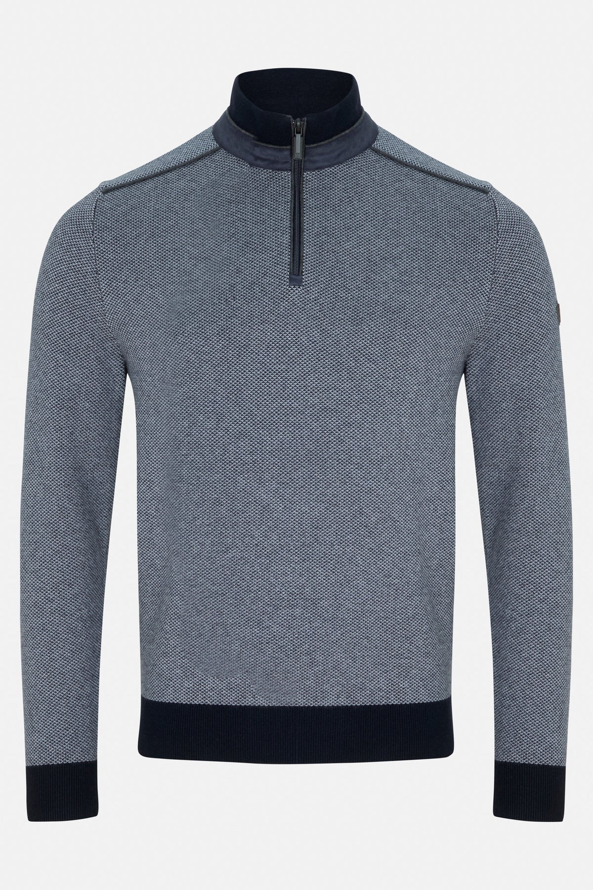 Benetti Troy Navy 1/4 Zip knit jumper in navy with a quarter-zip front, ribbed high collar, cuffs and hem.