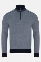 Benetti Troy Navy 1/4 Zip knit jumper in navy with a quarter-zip front, ribbed high collar, cuffs and hem.
