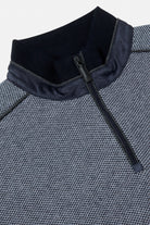 Benetti Troy Navy 1/4 Zip close-up of the quarter-zip collar and navy textured knit fabric with zip detail.