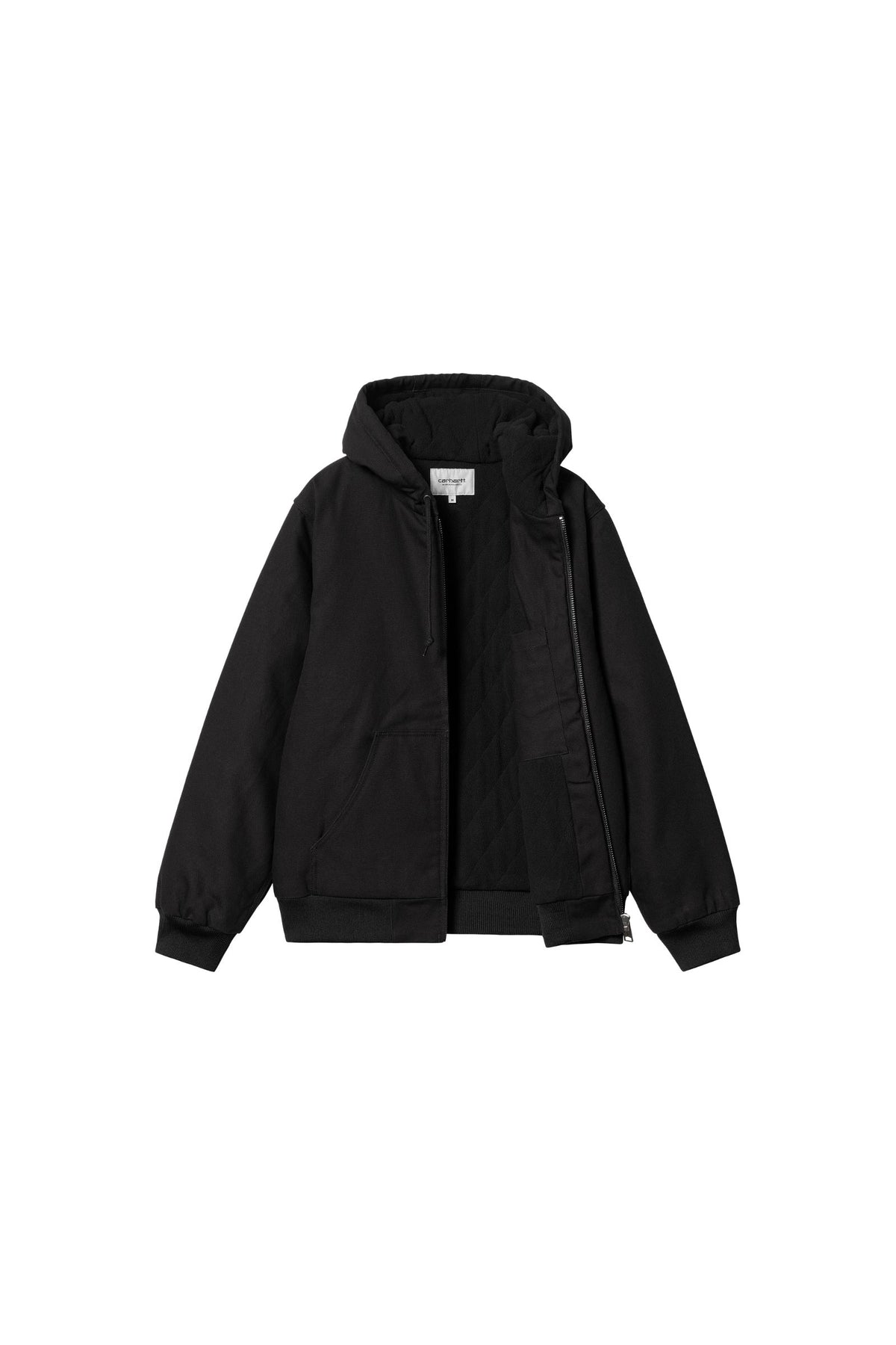 Carhartt WIP Active Jacket in Black Rigid, open front showing quilted lining
