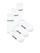 Three white crew socks arranged in a fan shape on a white background, each printed with the brand name 'JACK & JONES' in black near the foot opening.
