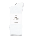 A three-pack of white one-size cotton socks hanging from a metal hanger with a paper band that reads 'JACK & JONES' and 'ONE SIZE COTTON SOCKS'.