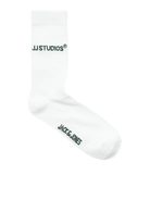 White sock with black text on a white background