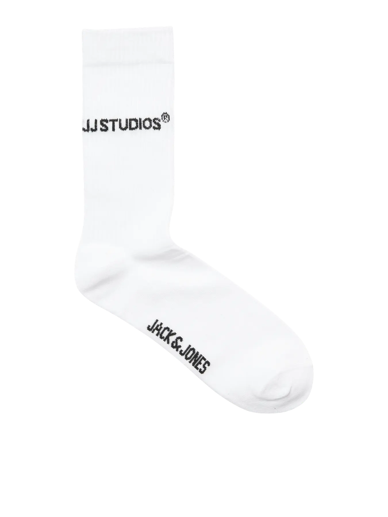 White sock with black text on a white background