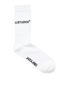 White sock with black text on a white background